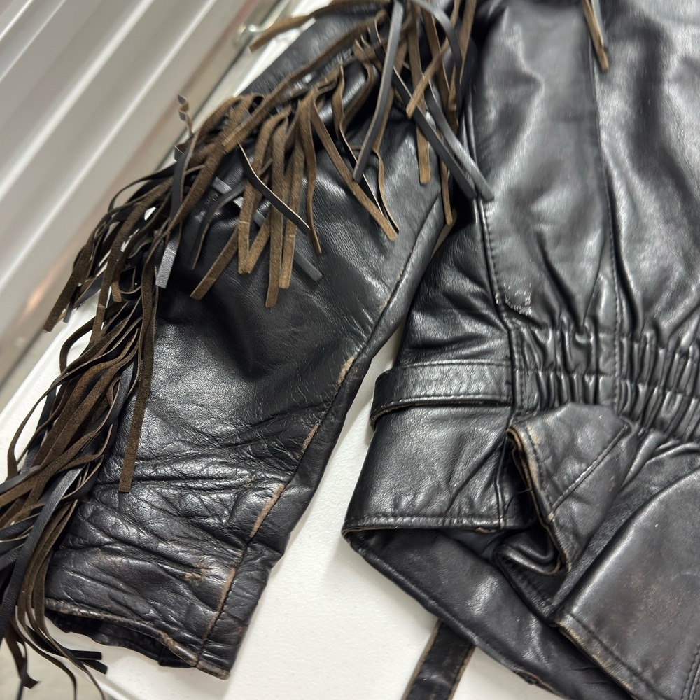 Leather Fringe Jacket Womens L Black Good Vintage Biker Western Moto - Picture 6 of 9